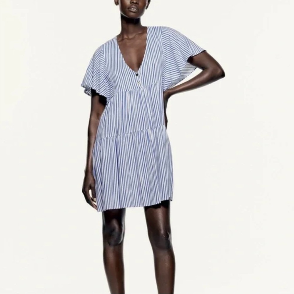 Zara blue and white striped linen blend short ruffle dress size M